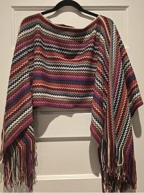 Missoni Chevron Fringe Wool Blend Poncho Shawl Multi Color NWT One Size